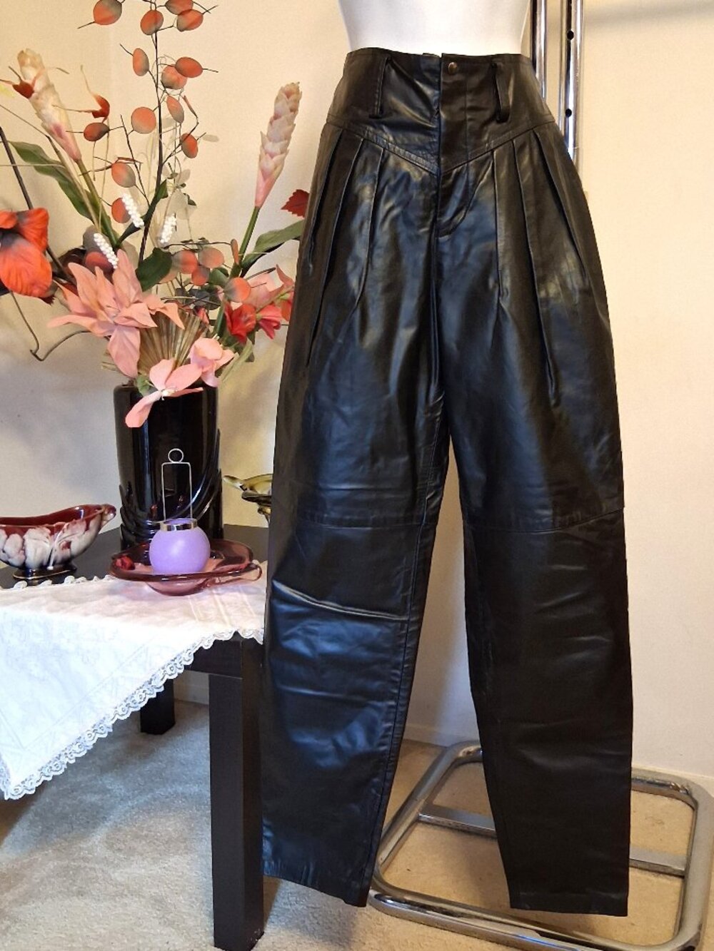 Vintage 80s Women Black Genuine Leather Lined Pants High Waist Pleated Trousers